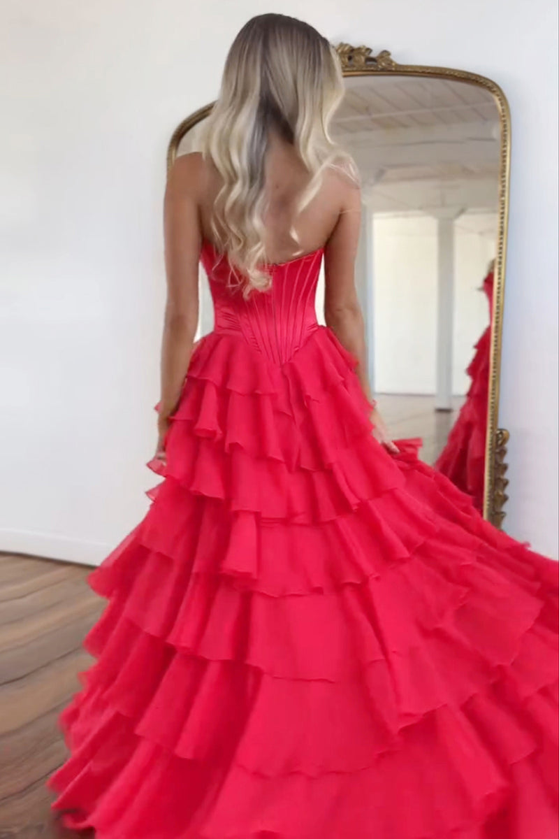 Load image into Gallery viewer, Red Strapless Corset Tiered Chiffon Long Prom Dress with Slit