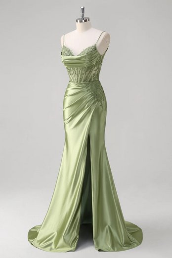 Green Mermaid Spaghetti Straps Pleated Corset Long Prom Dress