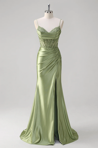 Green Mermaid Spaghetti Straps Pleated Corset Long Prom Dress