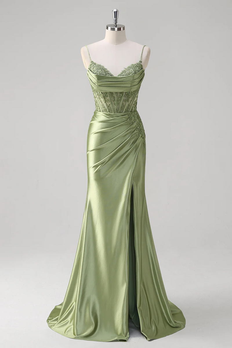 Load image into Gallery viewer, Green Mermaid Spaghetti Straps Pleated Corset Long Prom Dress