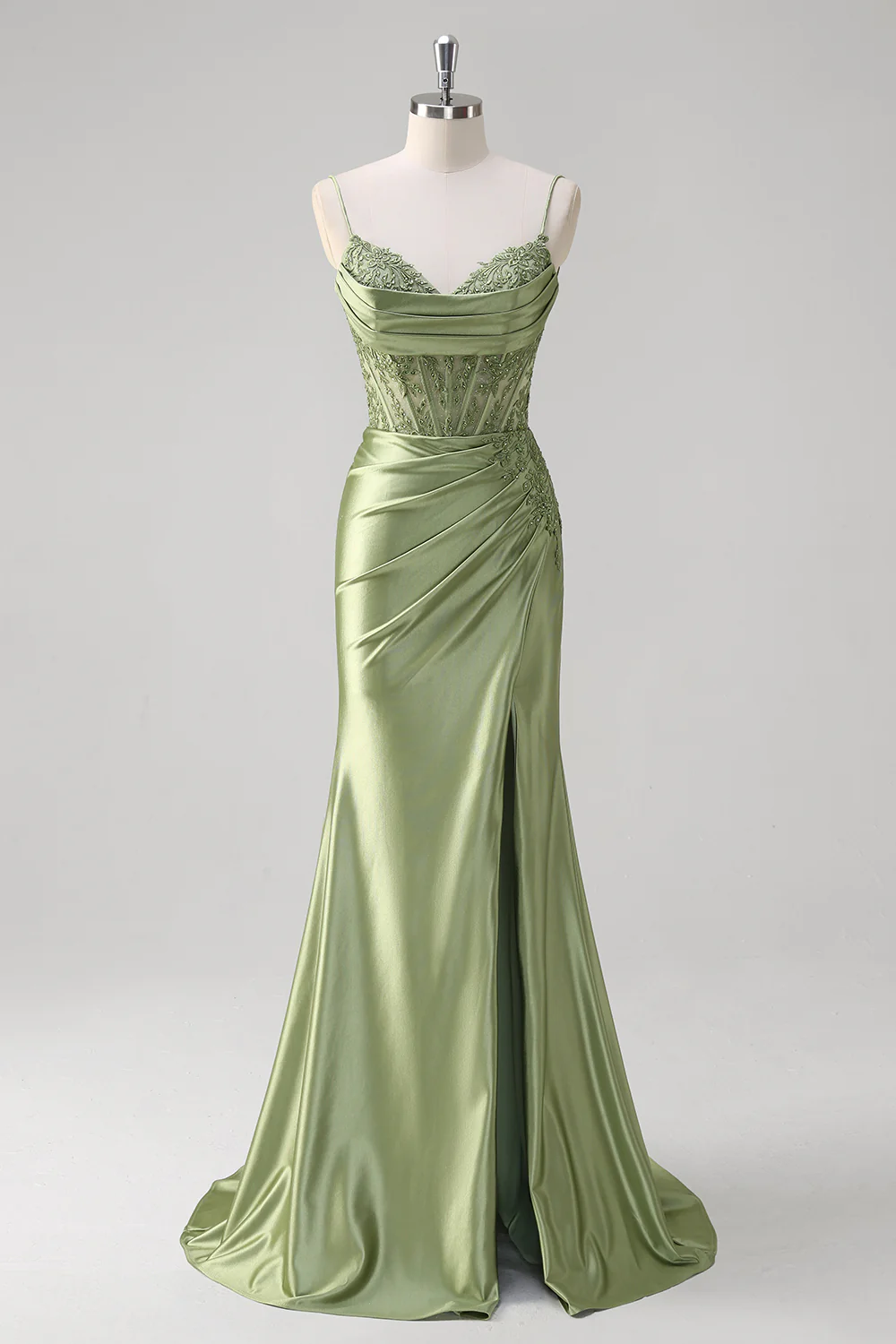 Green Mermaid Spaghetti Straps Pleated Corset Long Prom Dress