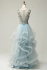 Load image into Gallery viewer, A Line Deep V Neck Light Blue Prom Dress with Appliques