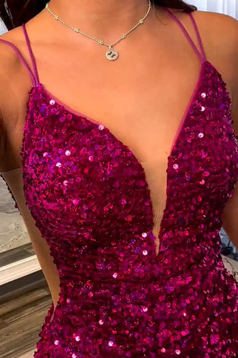 Sparkly Fuchsia Spaghetti Straps Sequin Tight Homecoming Dresses for Teens