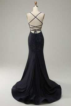 Navy Spaghetti Straps Beaded Mermaid Prom Dress with Slit