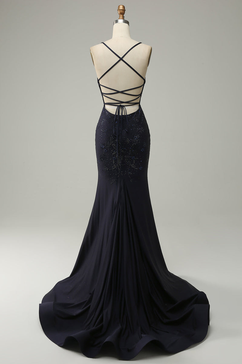 Load image into Gallery viewer, Navy Spaghetti Straps Beaded Mermaid Prom Dress with Slit