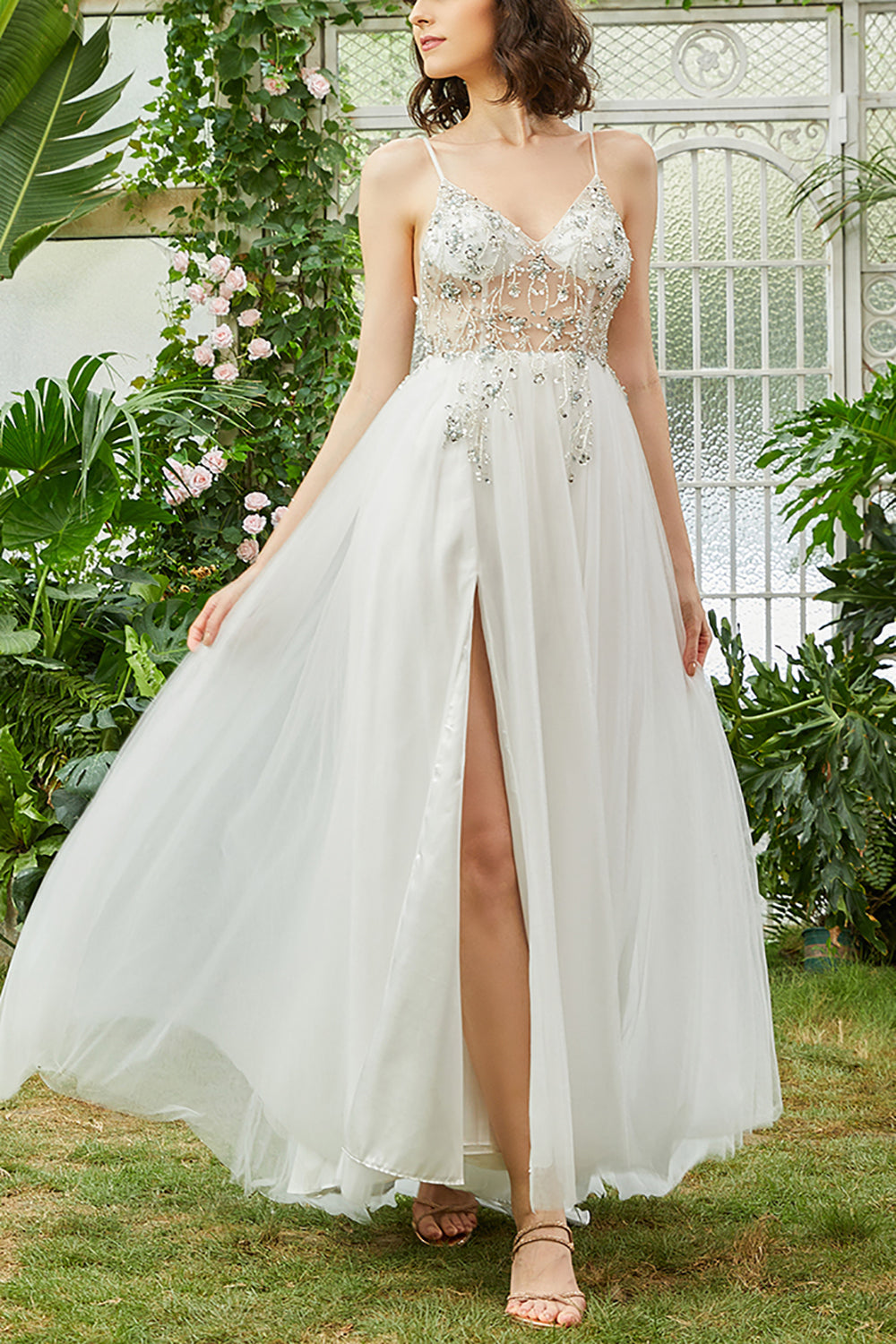 Tulle Spaghetti Straps White Long Prom Dress with Beading