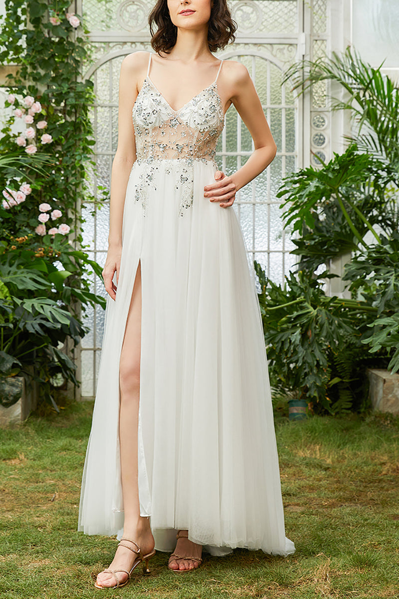 Load image into Gallery viewer, Tulle Spaghetti Straps White Long Prom Dress with Beading