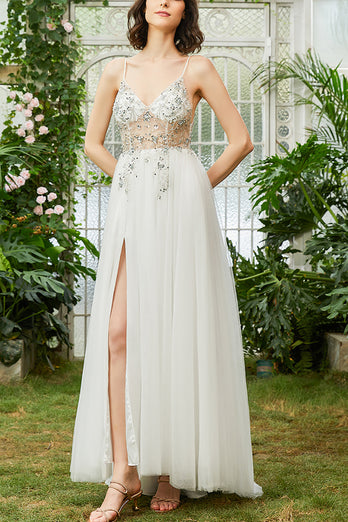 Tulle Spaghetti Straps White Long Prom Dress with Beading