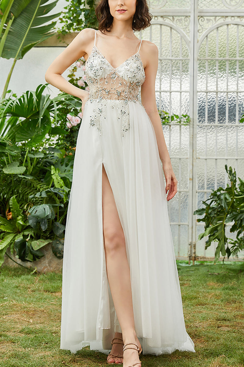 Load image into Gallery viewer, Tulle Spaghetti Straps White Long Prom Dress with Beading