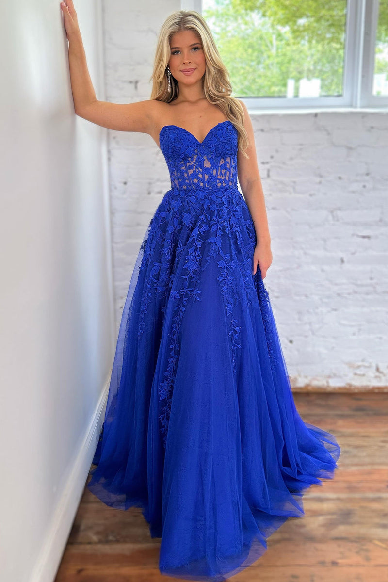 Load image into Gallery viewer, Blue Corset A-Line Tulle Long Prom Dress with Lace