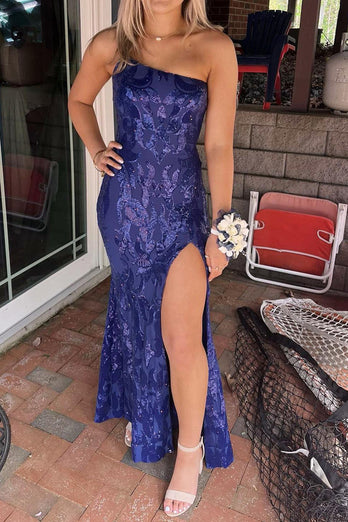 Navy Mermaid Long Sequined Prom Dress With Slit