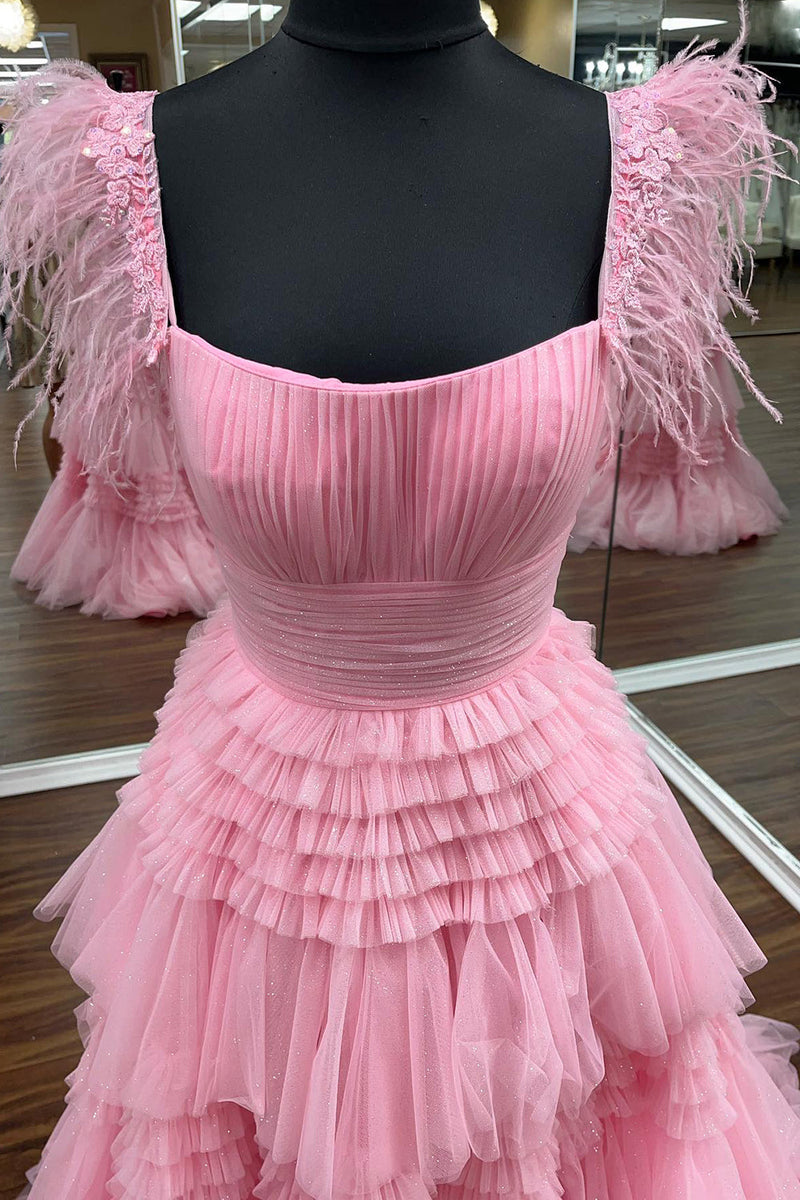 Load image into Gallery viewer, Glitter Pink Spaghetti Straps Tiered Appliques Long Prom Dress with Slit