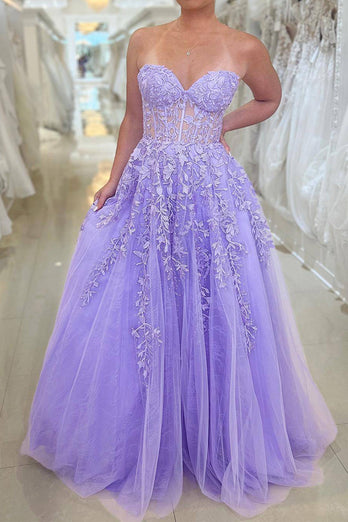 Elegant Purple Strapless Long Corset Prom Dress With Appliques