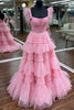 Load image into Gallery viewer, Glitter Pink Spaghetti Straps Tiered Appliques Long Prom Dress with Slit