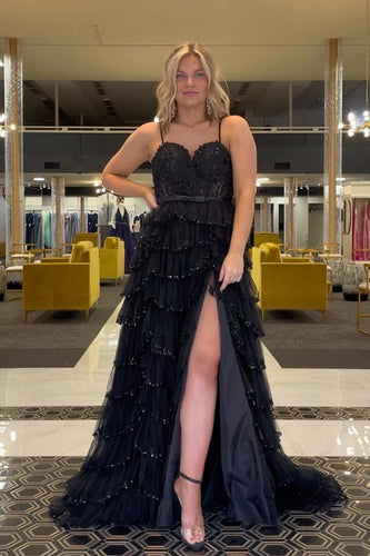 Glitter Black A-Line Lace Long Prom Dress with Slit