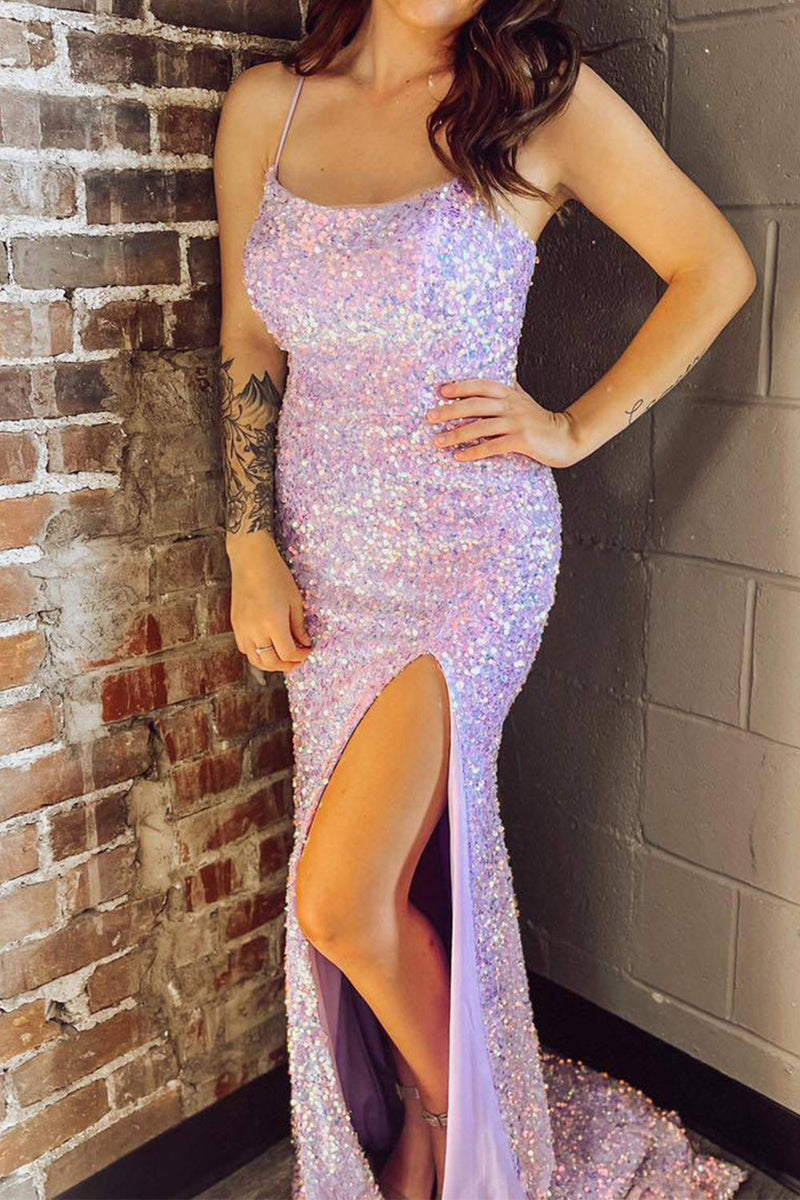 Load image into Gallery viewer, Sparkly Lilac Mermaid Long Prom Dress With Slit