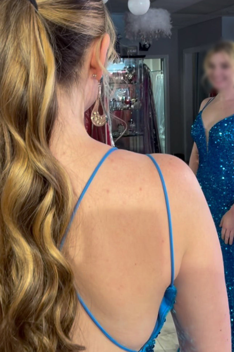 Load image into Gallery viewer, Blue Sequins Mermaid Long Prom Dress With Slit