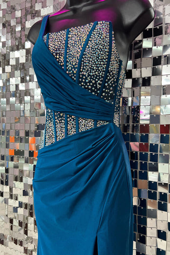 Sparkly Royal Blue Mermaid One Shoulder Long Corset Prom Dress With Slit