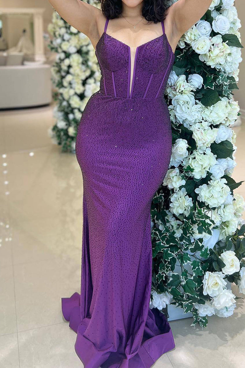 Load image into Gallery viewer, Glitter Dark Purple Mermaid Long Corset Prom Dress
