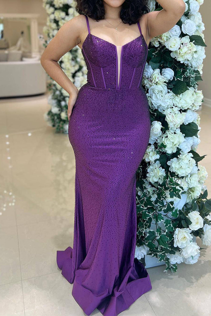 Load image into Gallery viewer, Glitter Dark Purple Mermaid Long Corset Prom Dress