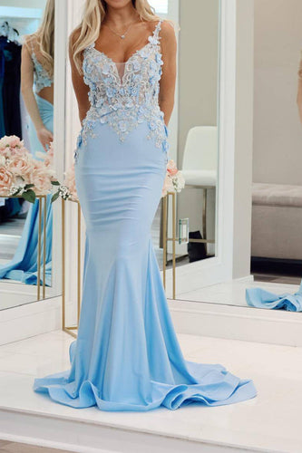 Light Blue Mermaid Long Prom Dress With Appliques