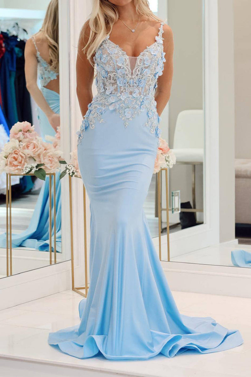 Load image into Gallery viewer, Light Blue Mermaid Long Prom Dress With Appliques