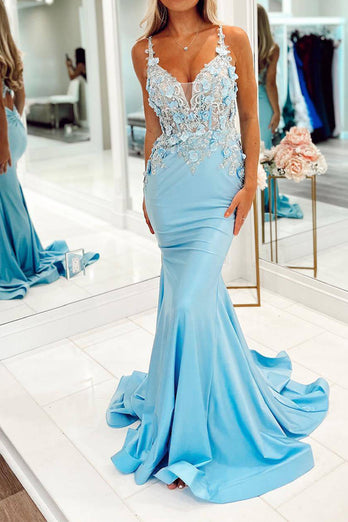 Light Blue Mermaid Long Prom Dress With Appliques