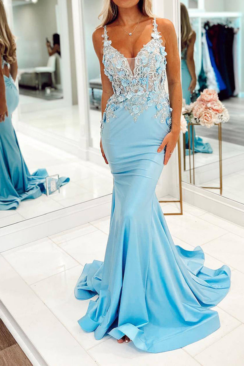 Load image into Gallery viewer, Light Blue Mermaid Long Prom Dress With Appliques