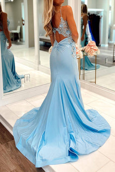 Light Blue Mermaid Long Prom Dress With Appliques