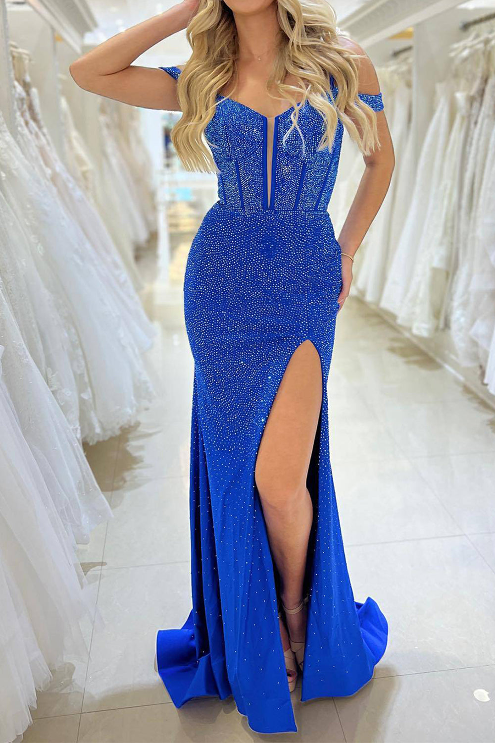 Glitter Royal Blue Mermaid Long Corset Prom Dress With Slit