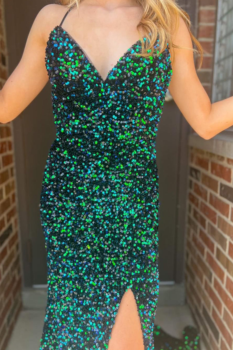 Load image into Gallery viewer, Sparkly Dark Green Mermaid Sequins Long Prom Dress with Slit