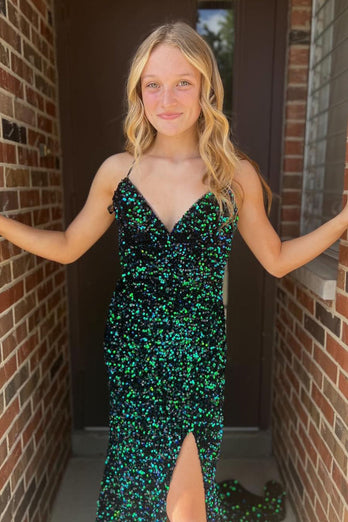 Sparkly Dark Green Mermaid Sequins Long Prom Dress with Slit