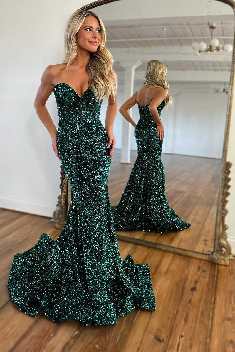 Load image into Gallery viewer, Sparkly Dark Green Sequins Mermaid Sweetheart Long Prom Dress