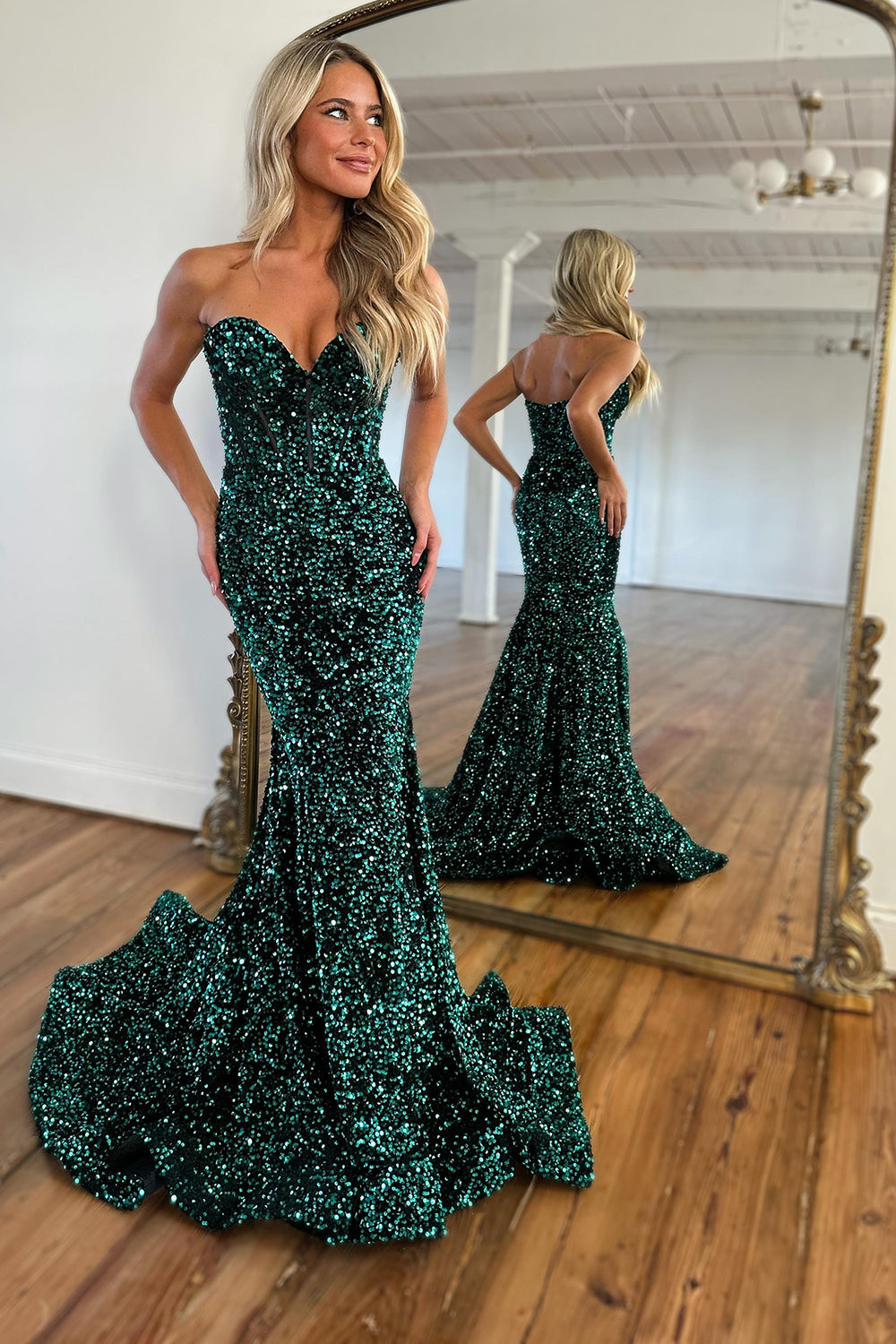 Sparkly Dark Green Sequins Mermaid Sweetheart Long Prom Dress