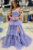 Load image into Gallery viewer, Glitter Beige Strapless Tulle Long Tiered Prom Dress with Slit