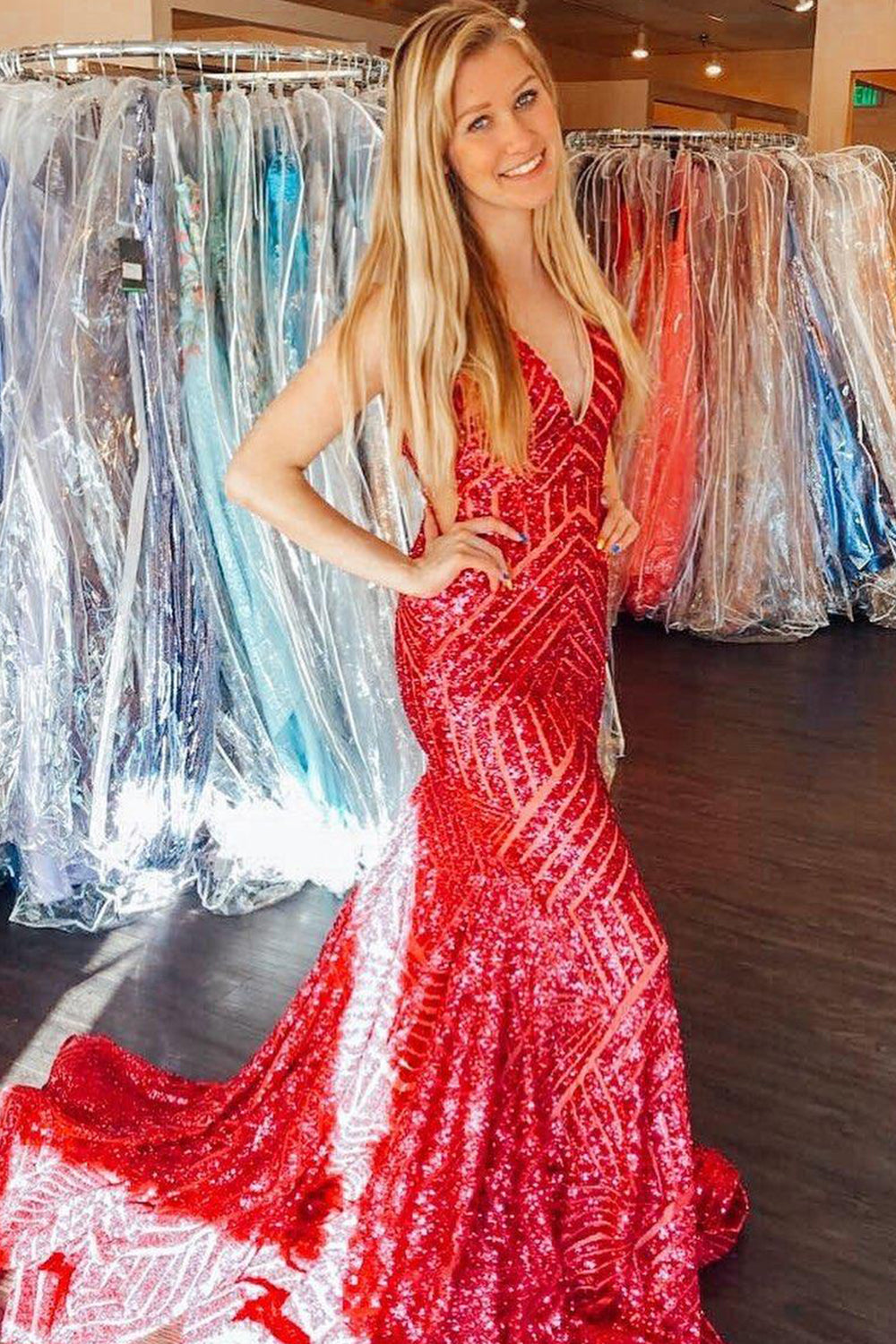 Red Sparkly Deep V Neck Sequin Mermaid Prom Dress