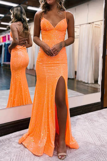 Sparkly Orange Sequins Mermaid Prom Dress