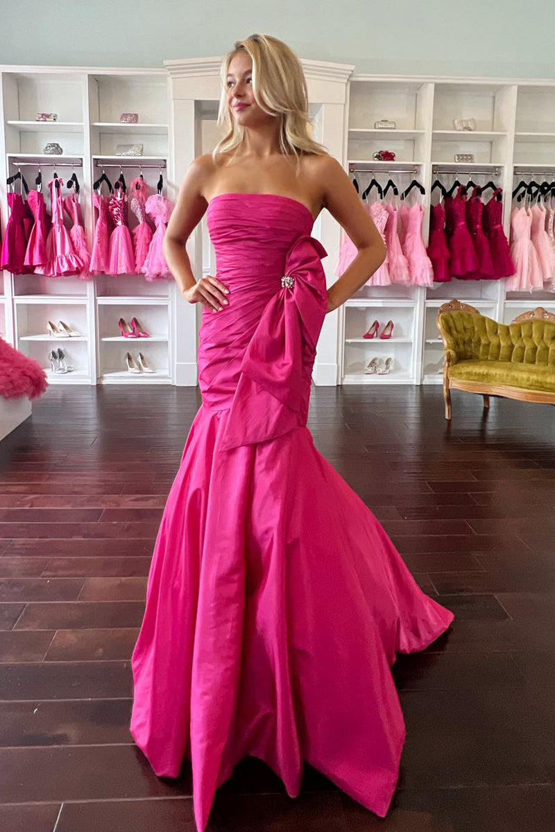 Load image into Gallery viewer, Fuchsia Strapless Mermaid Long Prom Dress with Bowknot