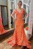 Load image into Gallery viewer, Orange Sparkly Deep V Neck Sequin Mermaid Prom Dress