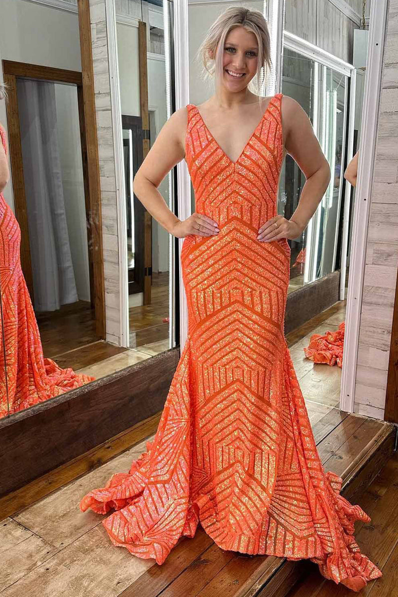 Load image into Gallery viewer, Orange Sparkly Deep V Neck Sequin Mermaid Prom Dress