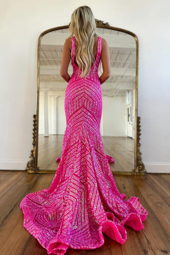 Light Purple Deep V Neck Sequin Mermaid Prom Dress