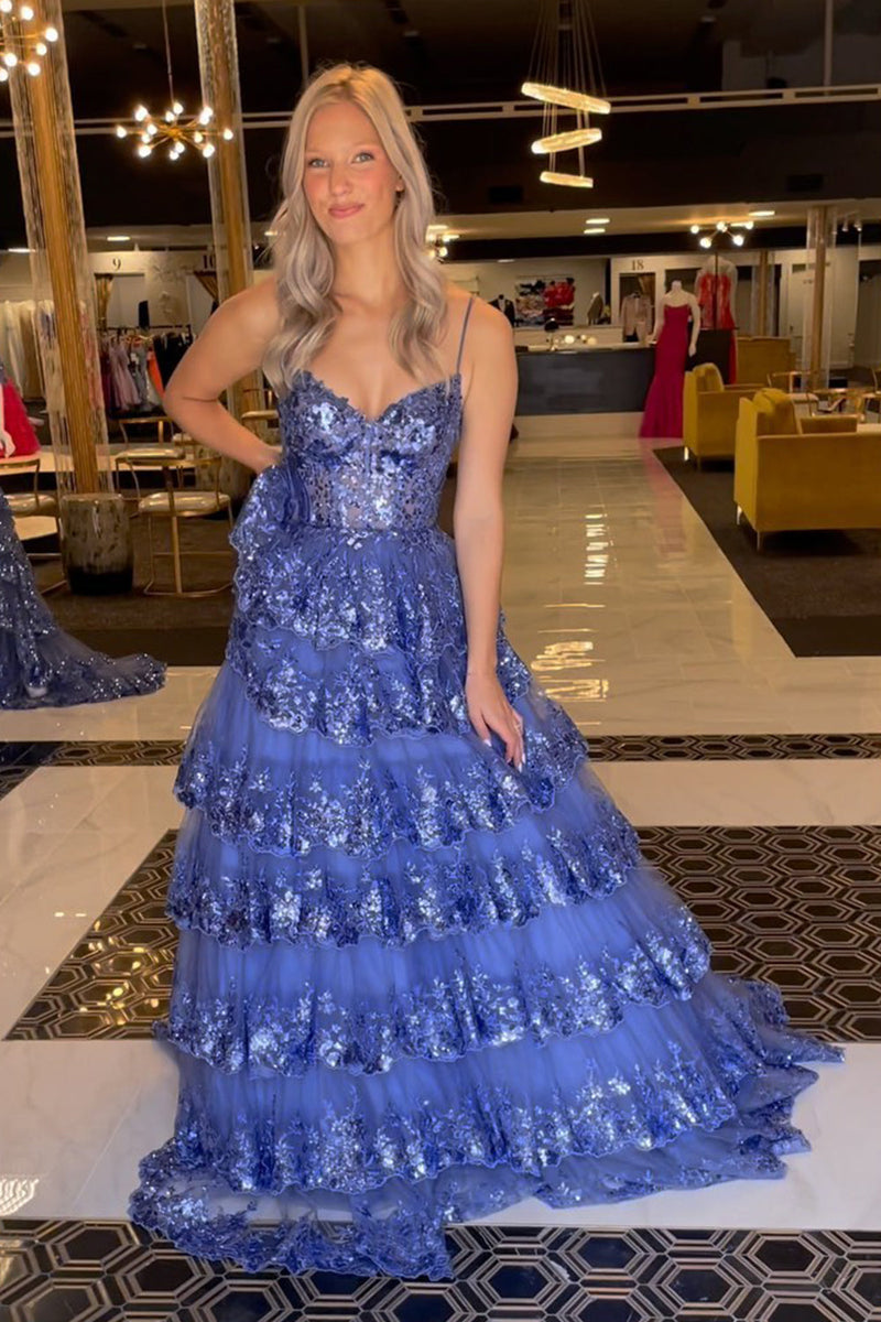 Load image into Gallery viewer, Sparkly Dark Blue Spaghetti Straps Tiered Lace Long Corset Prom Dress