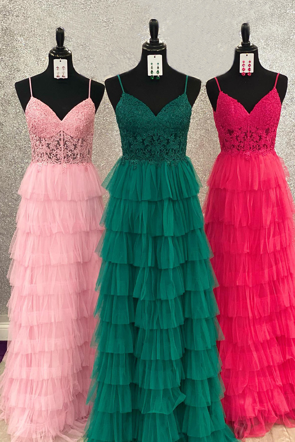 Dark Green A-Line Tiered Tulle Long Prom Dress with Lace