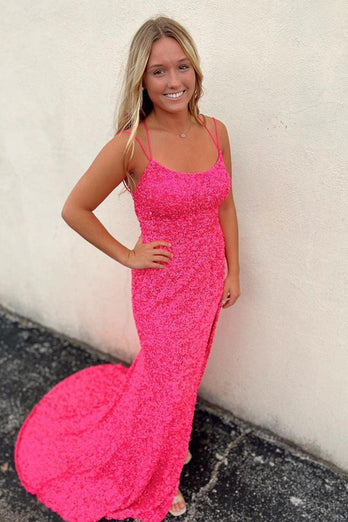 Mermaid Red Sequins Long Prom Dress with Slit