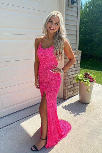 Mermaid Glitter Sequins Sexy Hot Pink Backless Long Prom Dress