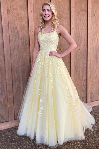 Princess Champagne Spaghetti Straps Prom Dress