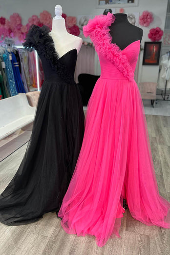 Fuchsia A-Line One Shoulder Long Tulle Prom Dress with Ruffles