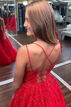 Red Spaghetti Straps Long Prom Dress with Appliques