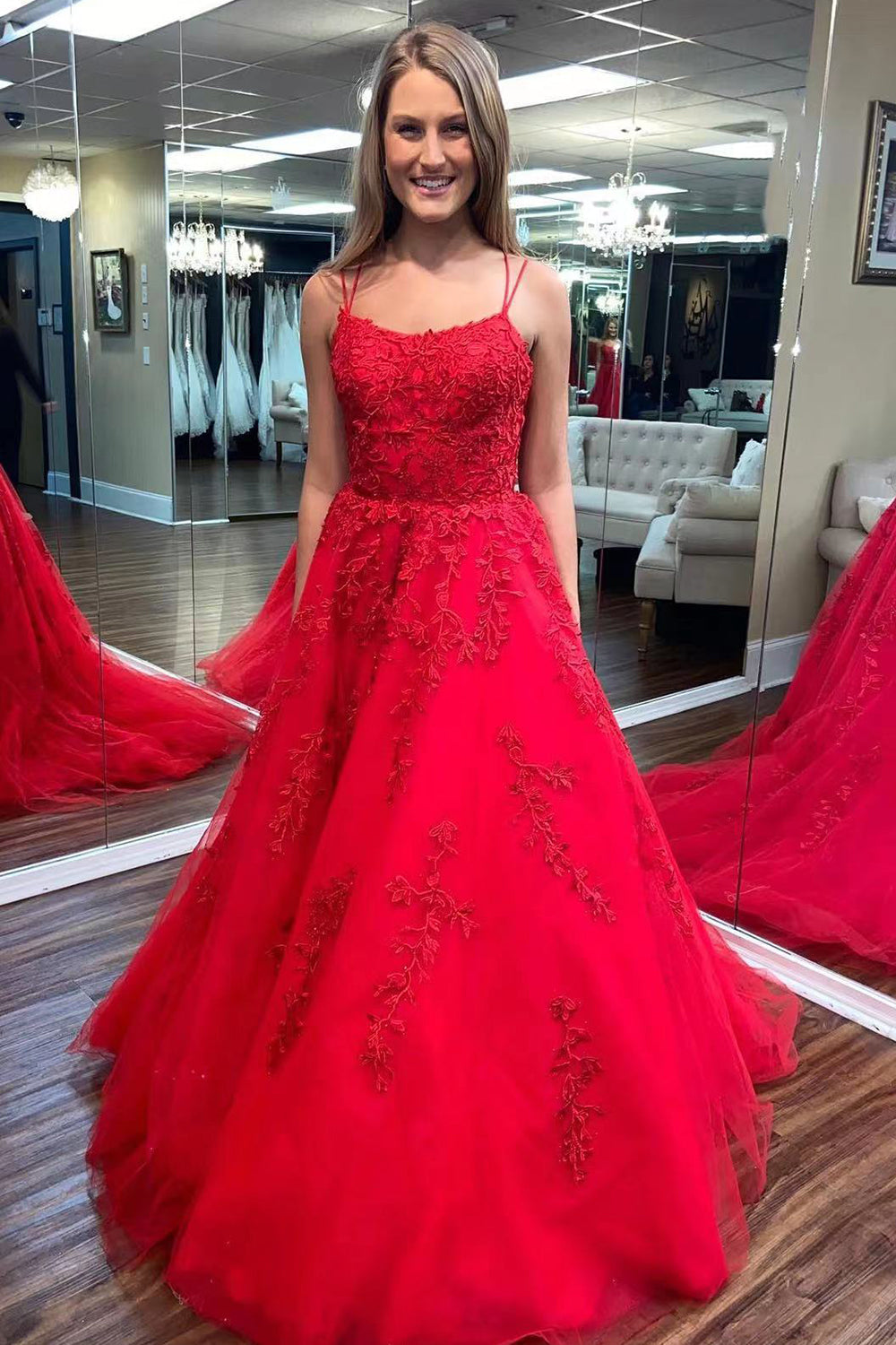 Red Spaghetti Straps Long Prom Dress with Appliques