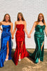 Load image into Gallery viewer, Royal Blue Corset Mermaid Draped Satin Long Prom Dress with Slit